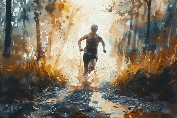 Obraz premium Dynamic watercolor painting of a runner sprinting through a forest trail, capturing the essence of movement and nature.