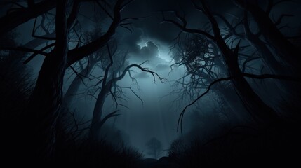 Eerie dark forest with twisted trees under a stormy night sky, evoking a sense of mystery and suspense.