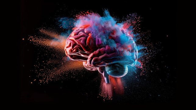 Human brain made of plastic, exploded into colored powder, black background, shot with studio lights
