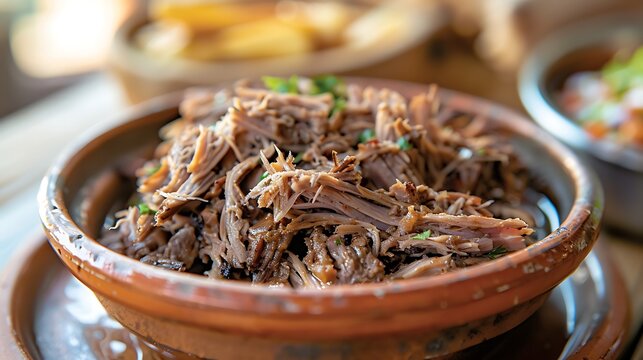 Pernil asado slow cooked shredded pulled pork close up on a plate
