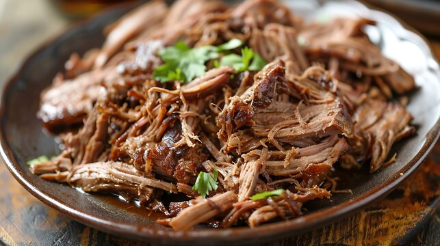 Pernil asado slow cooked shredded pulled pork close up on a plate