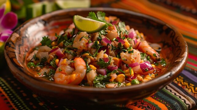 Peruvian seafood and fish sebiche with maize