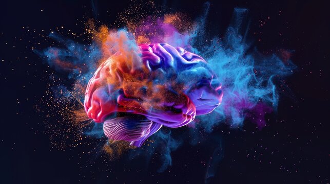 Human brain made of plastic, exploded into colored powder, black background, shot with studio lights
