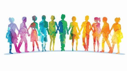 Colorful Watercolor Silhouette of People Holding Hands