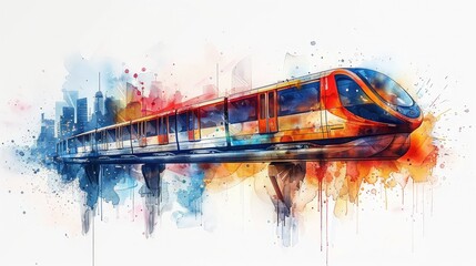 Fototapeta premium A creative watercolor depiction of a monorail, capturing its modern design and urban setting, with a white background