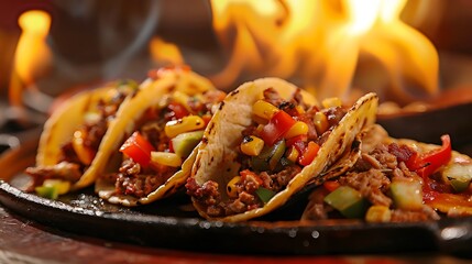 Plate of mexican food tacos low flame on background