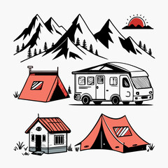 Vector camping in nature motor home mountain landscape hand drawn style (21)