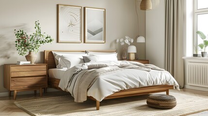 Cozy Scandinavian-Style Bedroom with Natural Wooden Furniture and Minimalist Decor