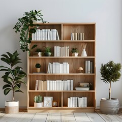 Fototapeta premium Cozy Wooden Bookshelf with Decorative Plants and Books in Modern Home Decor