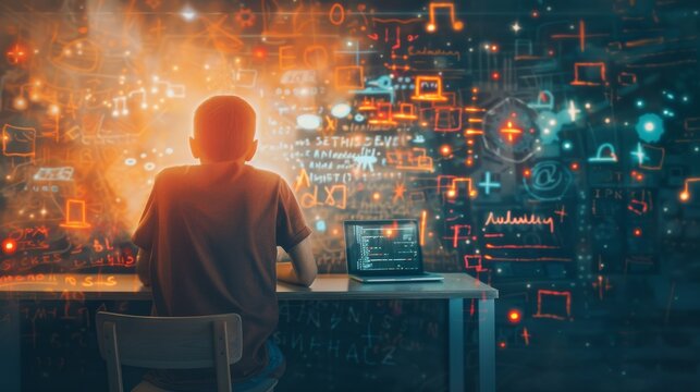 Person programming on laptop against illuminated digital interface. Tech innovation and development themed stock photo.