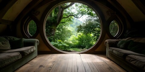 Cozy hobbit house living room in forest fantasy world wallpaper art. Concept Fantasy Home Decor, Cozy Interior Design, Hobbit House Inspiration, Forest Living Room, Wallpaper Art