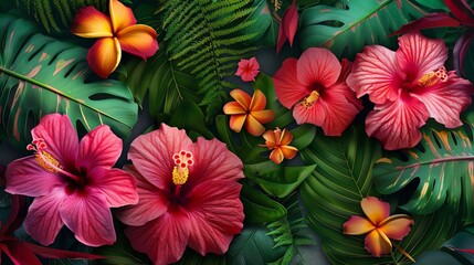 Fototapeta premium Vibrant tropical flowers and lush green leaves create a stunning natural background full of color and beauty.