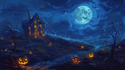 a spooky Halloween night scene featuring a haunted A house on a hill, with a full moon in the background, bats flying, and eerie glowing pumpkins lining the path.