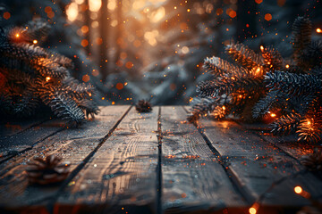Weihnachtlicher Hintergrund mit Lichtern, Tannen und Holzdielen, made by AI