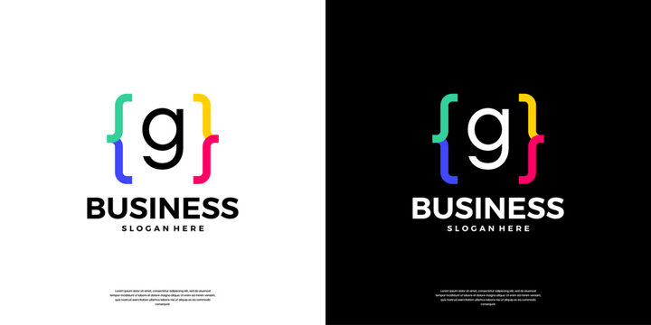 Colorful coding logo icon. Letter G logo with modern code programing symbol logo design.