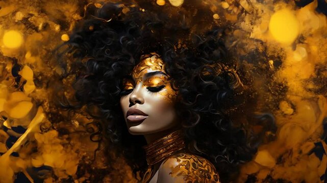 Artistic Portrait of an African American Woman With Thick Curly Dark Hair on an Abstract Golden Background