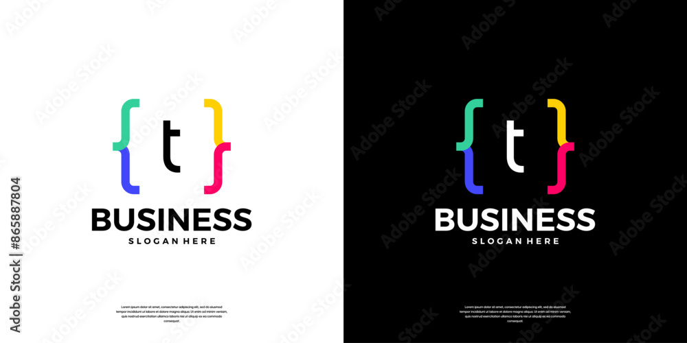 Wall mural colorful coding logo icon. letter t logo with modern code programing symbol logo design.