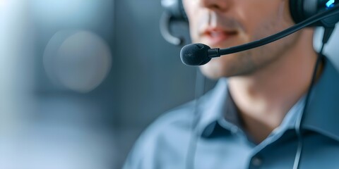 A call center worker wears a bluegrey headset. Concept Customer service, Blue-grey headset, Call center worker, Communication, Office environment