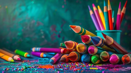 Obraz premium Vibrant assortment of colored pencils and crayons stacked on a surface, creating a lively and creative atmosphere.