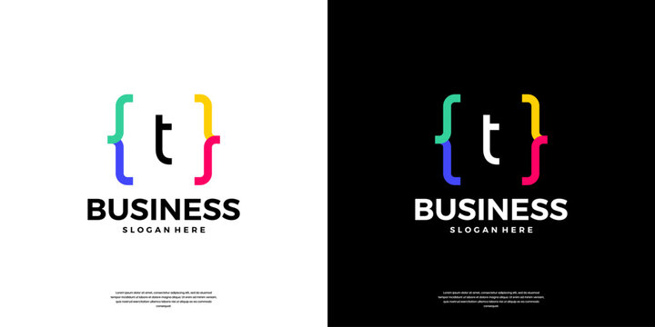 Colorful coding logo icon. Letter T logo with modern code programing symbol logo design.