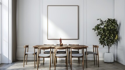 Elegant Minimalist Dining Room with Blank Frame on White Wall 3D Rendering