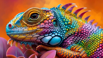 Obraz premium Vibrant close-up of a colorful iguana with intricate scales and striking hues against a gradient background. Perfect for nature and wildlife themes.