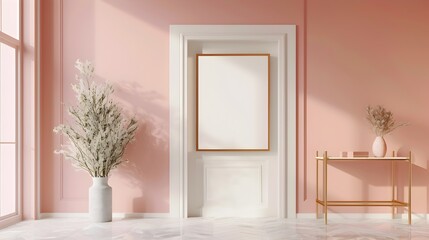 Elegant Minimalist Entryway with Blank Frame Mockup on Pastel Wall