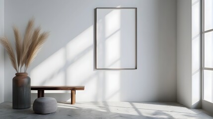 Elegant Minimalist Entryway with Blank Frame on White Wall 3D Rendering