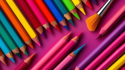 Vibrant colored pencils and paintbrush arranged on a pink background, ideal for art and creativity concepts.