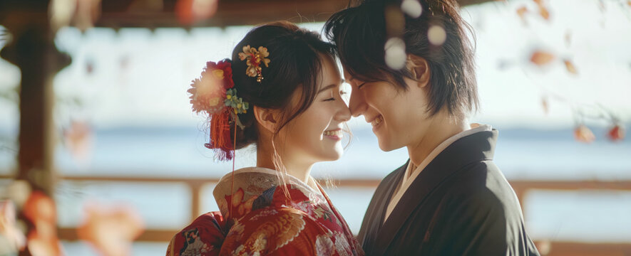 神社で挙式をあげる着物姿の幸せな新郎新婦