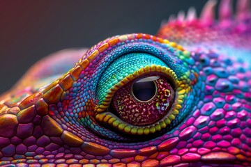 Naklejka premium Stunning close-up of a colorful reptile eye showcasing vibrant scales and intricate patterns. Perfect for nature and wildlife enthusiasts.