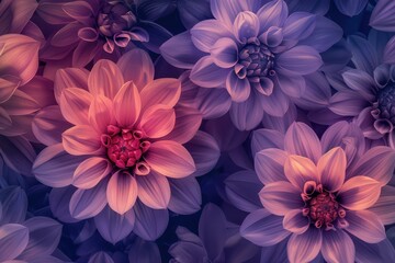 Obraz premium Close-up of vibrant purple and pink Dahlia flowers blooming in the garden. Macro shot of delicate petals with soft light and blur background.