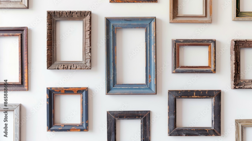Poster old wooden picture frames group with empty space on white backdrop