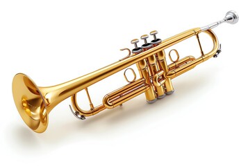 Obraz premium Golden trumpet isolated on white background, showcasing the classic brass musical instrument in detailed close-up for musicians and enthusiasts.