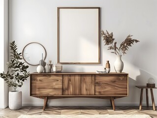 Elegant Minimalist Wooden Sideboard With Framed Decor in Contemporary Interior