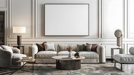 Elegant Neutral Living Room with Blank Frame Mockup for Interior Design