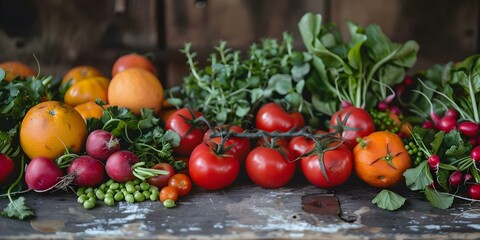 Fresh organic produce displayed on rustic table tomatoes oranges radishes peas greens. Concept Food Styling, Organic Produce, Rustic Display, Fresh Ingredients, Vibrant Colors