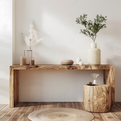 Elegant Wooden Console Table in Minimalist Hallway Home Mockup 3D Render