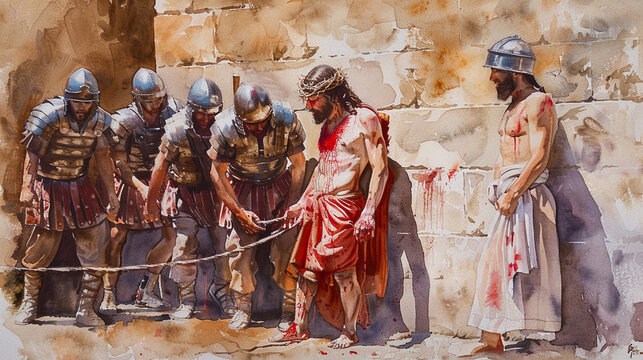 Jesus being scourged by Roman soldiers. Watercolor painting illustration.