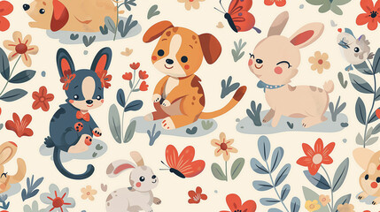 Obraz premium A cartoon drawing of a bunch of animals, including a dog, a cat, and a rabbit