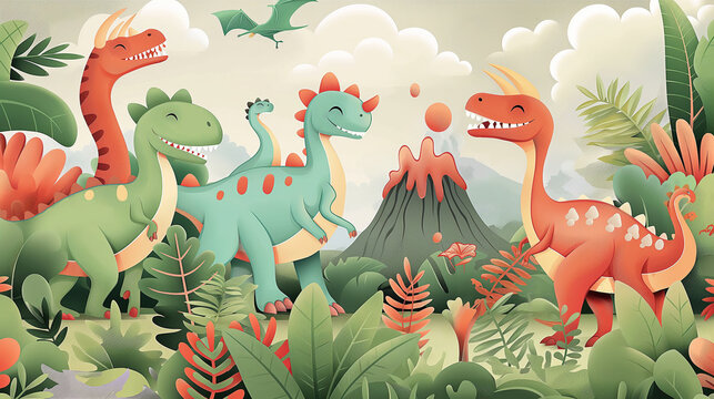 A group of dinosaurs are walking through a jungle