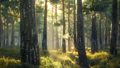 Obraz premium Sunbeams through Misty Forest. Tranquil Pine Trees in Morning Sunlight