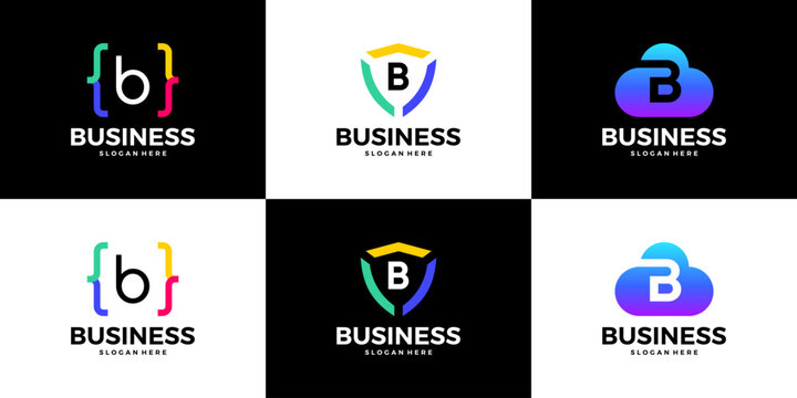 Set of letter B tech cloud, shield, coding logo design template.