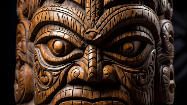 A powerful depiction of a Polynesian Tiki statue, with traditional carvings and patterns, symbolizing ancestors and spiritual guidance