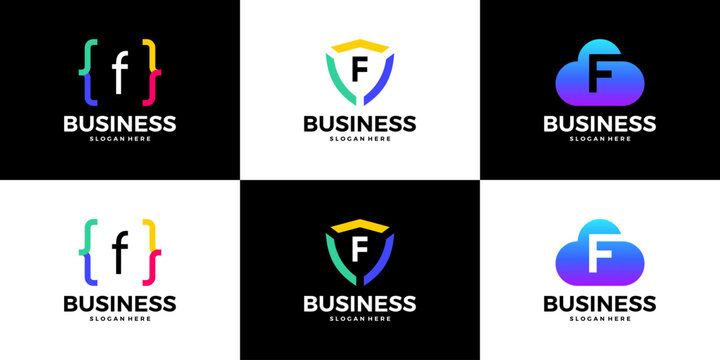 Set of letter F tech cloud, shield, coding logo design template.Print