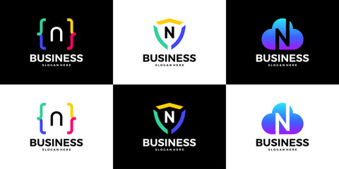 Set of letter N tech cloud, shield, coding logo design template.