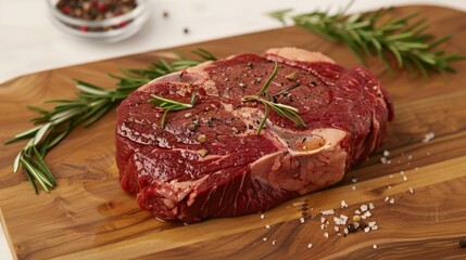 Fototapeta premium Marbled Ribeye Steak with Rosemary and Spices on Cutting Board