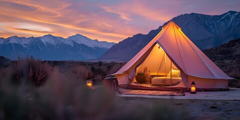 Millennial trend Cozy glamping tent with candles against mountain sunset backdrop. Concept Glamping, Cozy Tent, Mountain Sunset, Millennial Trend, Candles