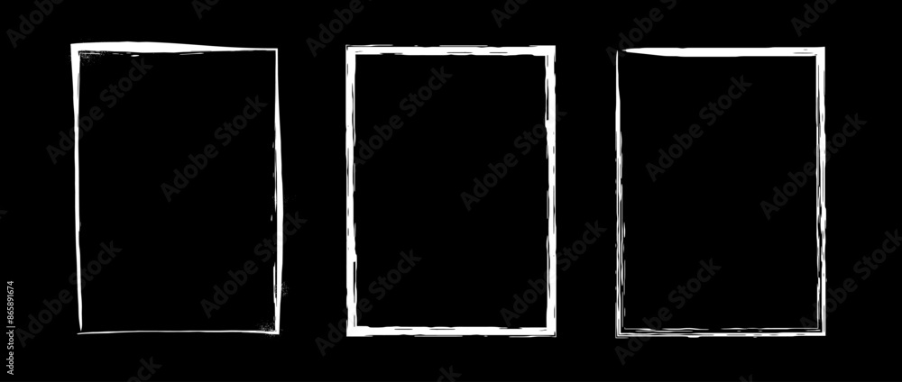 Poster Grunge rectangle frame set. Different paint brushed border collection. Chalk or ink rectangular jagged stroke for design template, banner, poster, flyer, brochure, cover. Vector A4 carde