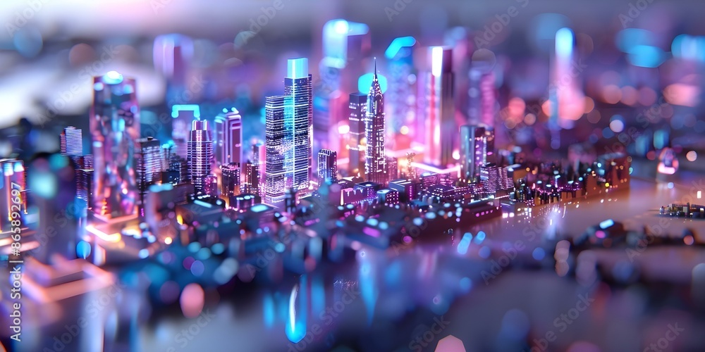 Poster colorful data network grids overlay a miniature cityscape creating a cinematic tech scene. concept t